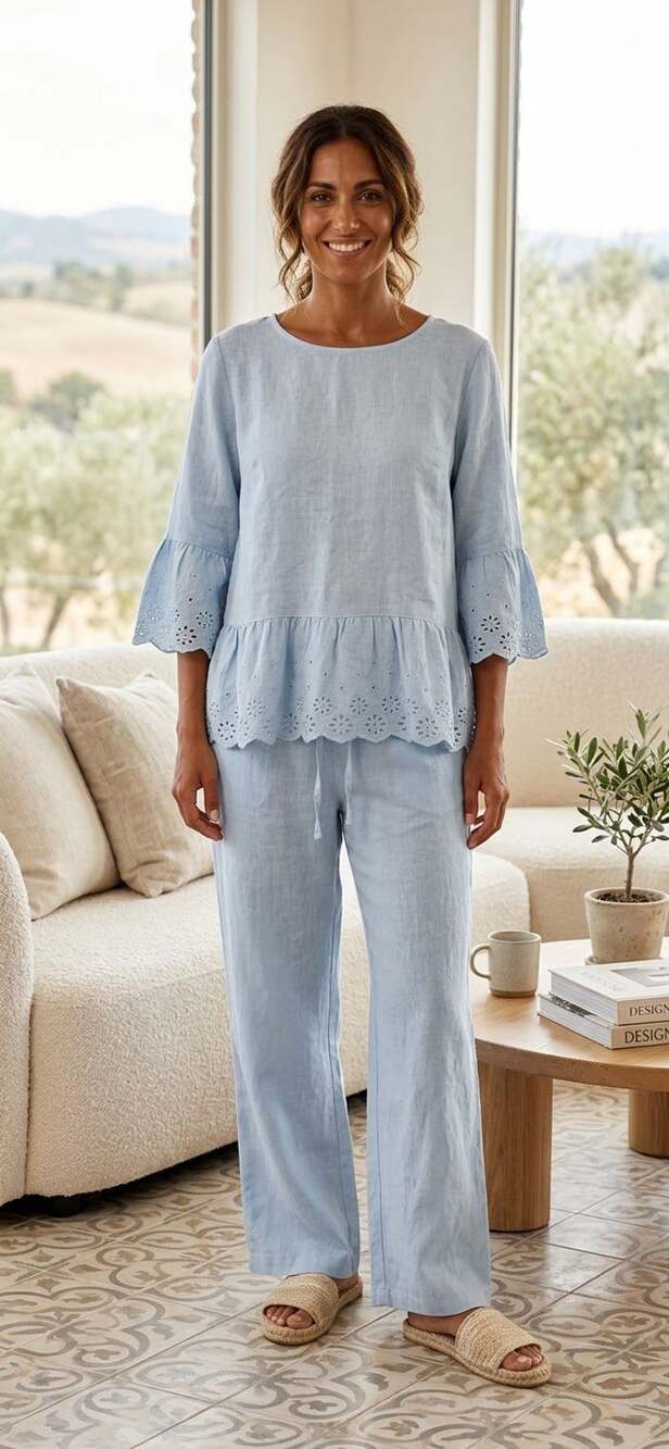 Terzo Millennio Light Blue Linen Eyelet Ruffle Hem Top Size M